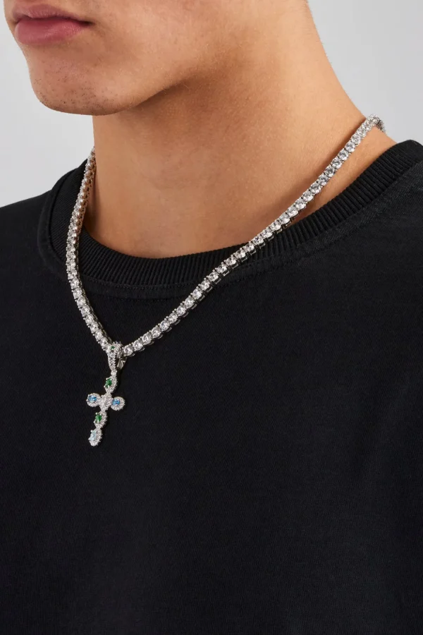 Iced Multi Colour Stone Cross Pendant & 5mm Tennis Chain