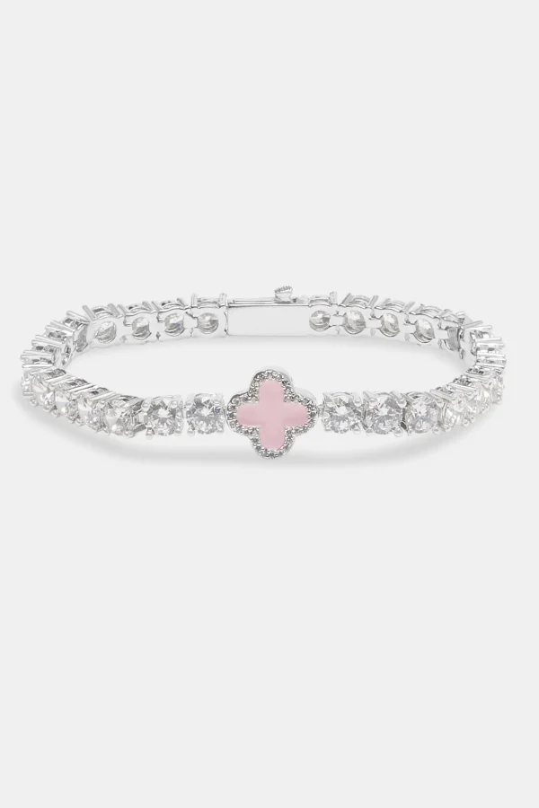 Iced Pink Motif Charm Tennis Bracelet - White 5mm