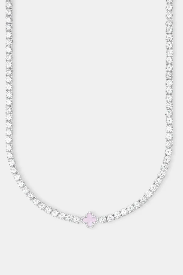 Iced Pink Motif Charm Tennis Chain - White 5mm