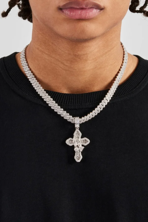 Iced Prayer Hand Cross Pendant