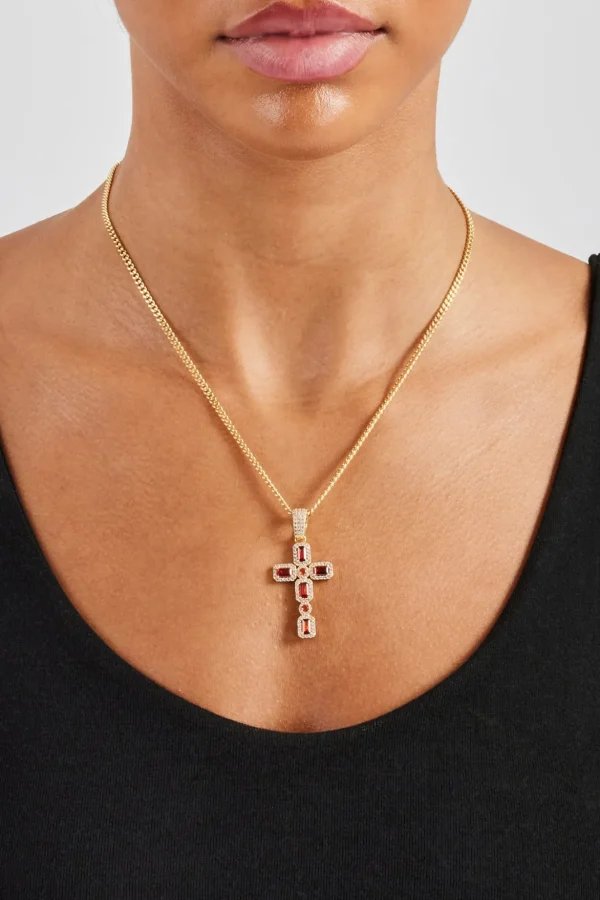 Iced Red Gemstone Cross Cuban Necklace - 40mm