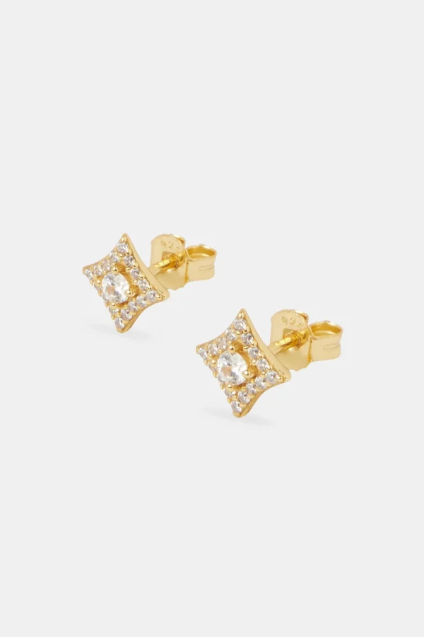 Iced Star Motif Stud Earrings - 8mm - Gold