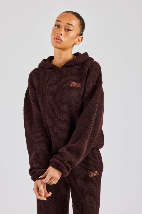 Knit Boxy Embroidered Hoodie - Chocolate