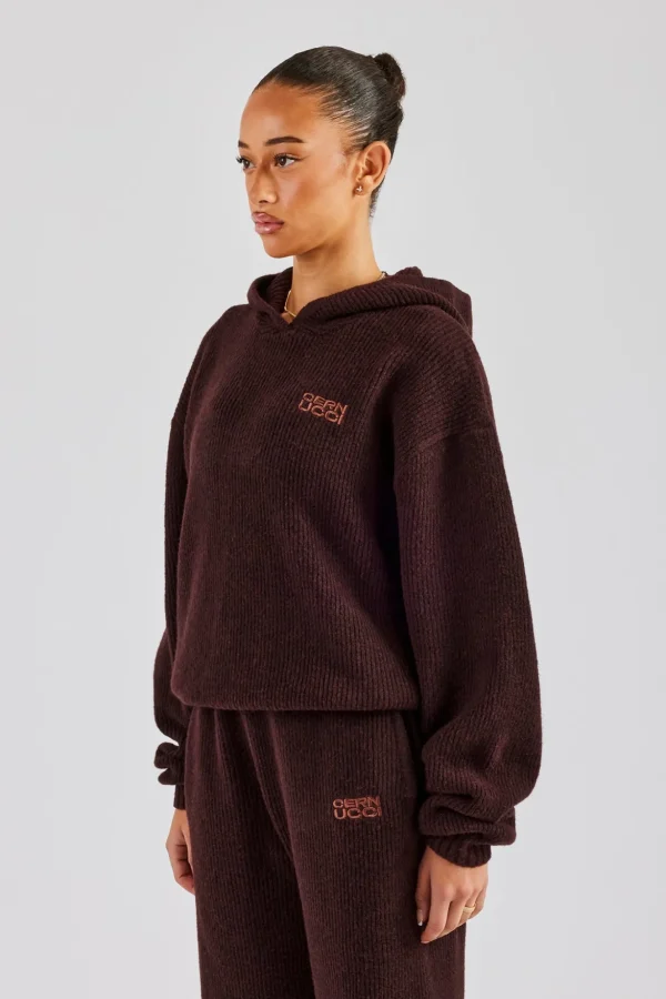 Knit Boxy Embroidered Hoodie - Chocolate