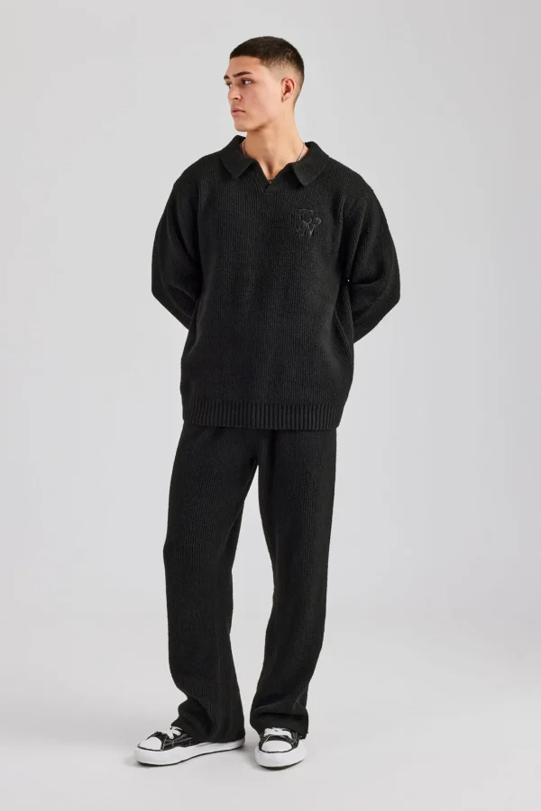 Knit Collared Sweat & Split Hem Jogger - Black