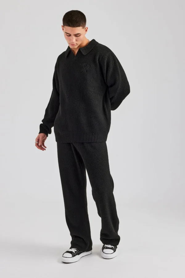 Knit Collared Sweat & Split Hem Jogger - Black