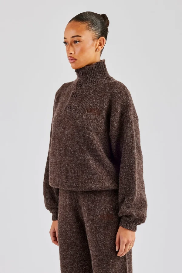 Knit Funnel Neck Sweater - Chocolate