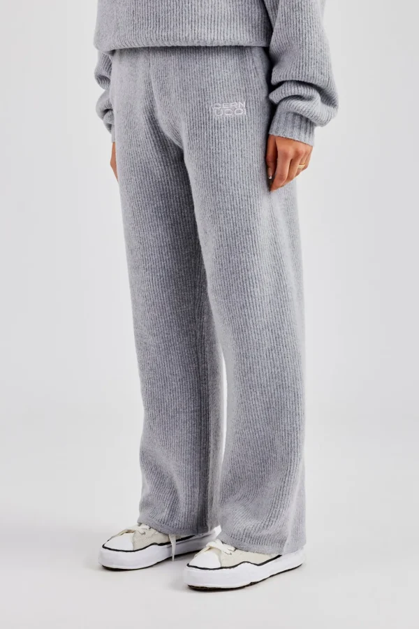 Knit Wide Leg Embroidered Jogger - Grey