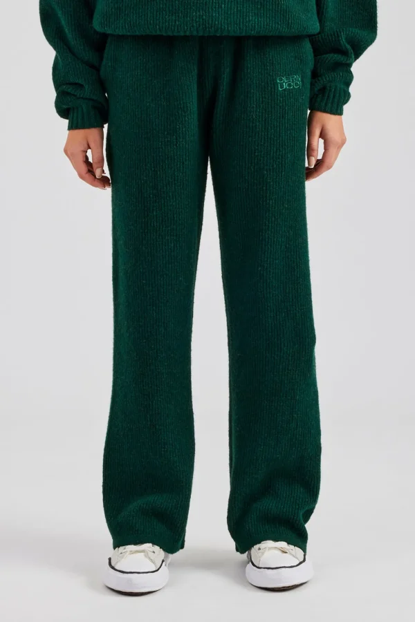 Knit Wide Leg Embroidered Jogger - Forest Green