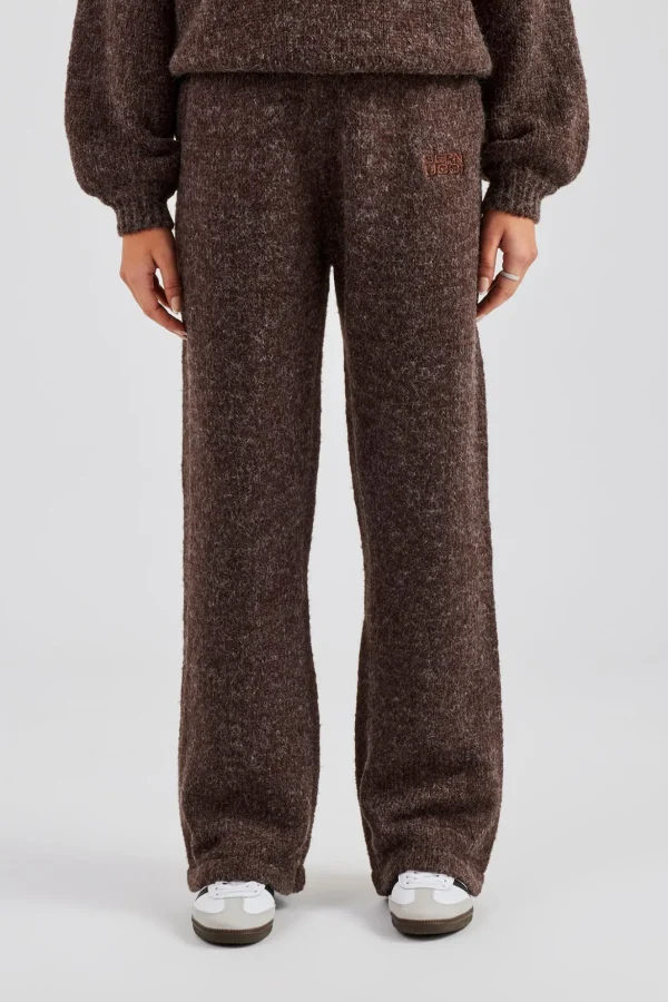 Knit Wide Leg Embroidered Jogger - Chocolate