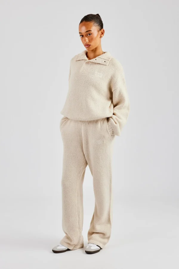 Knit Wide Leg Embroidered Jogger - Oatmeal