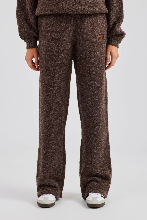 Knit Wide Leg Embroidered Jogger - Chocolate