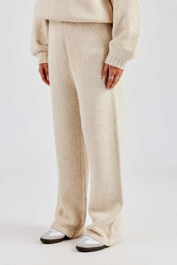 Knit Wide Leg Embroidered Jogger - Oatmeal