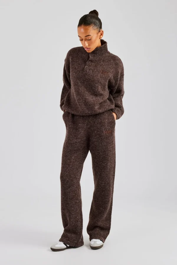 Knit Wide Leg Embroidered Jogger - Chocolate