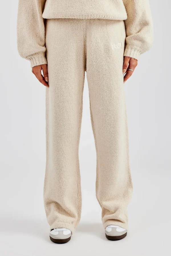 Knit Wide Leg Embroidered Jogger - Oatmeal