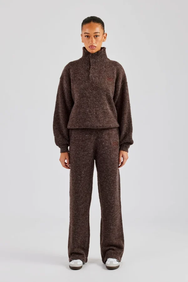 Knit Wide Leg Embroidered Jogger - Chocolate