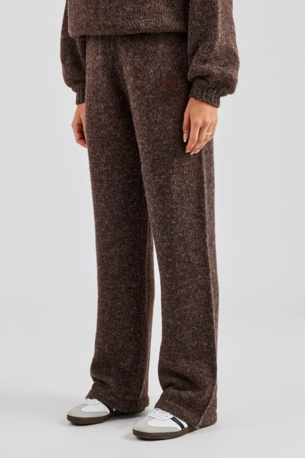 Knit Wide Leg Embroidered Jogger - Chocolate