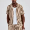 Knitted Contrast Stripe Revere Shirt - Chocolate