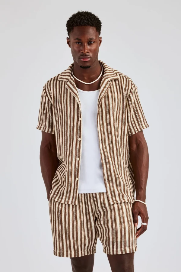 Knitted Contrast Stripe Revere Shirt - Chocolate