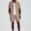 Knitted Contrast Stripe Revere Shirt & Short Set - Chocolate