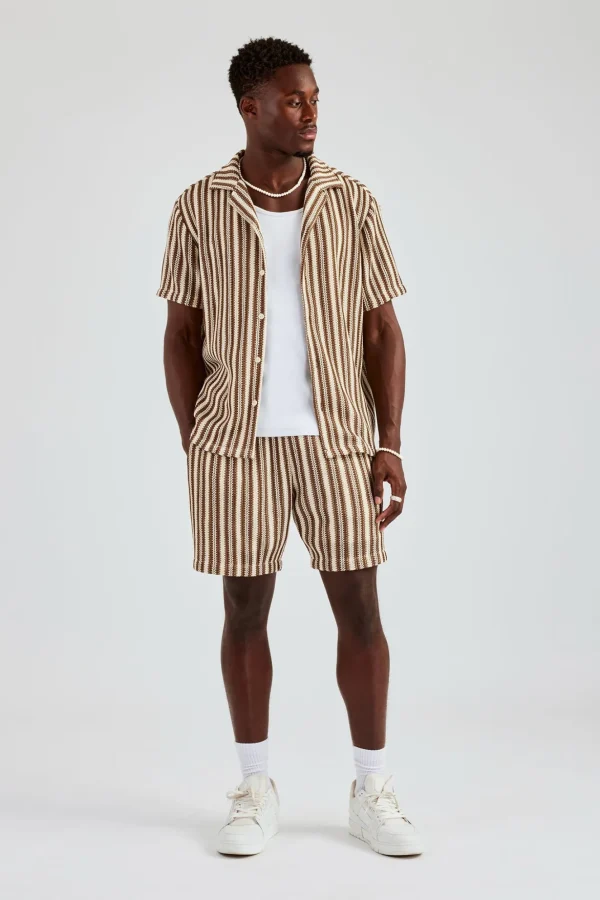 Knitted Contrast Stripe Revere Shirt & Short Set - Chocolate