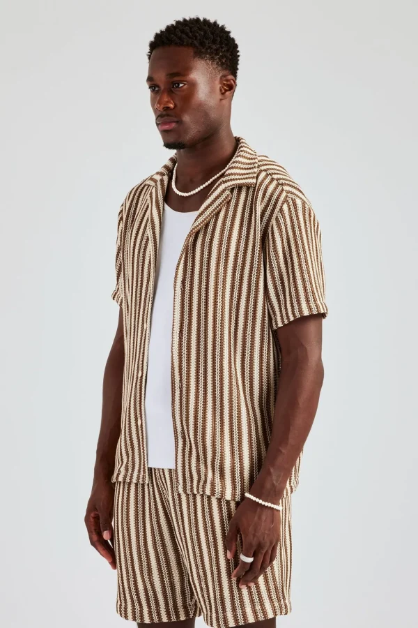 Knitted Contrast Stripe Revere Shirt - Chocolate