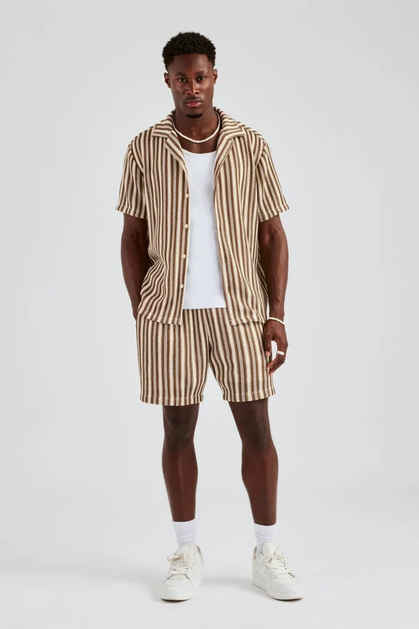 Knitted Contrast Stripe Revere Shirt & Short Set - Chocolate