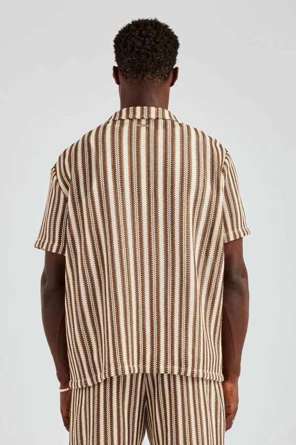 Knitted Contrast Stripe Revere Shirt & Short Set - Chocolate