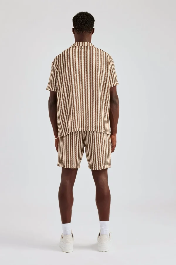 Knitted Contrast Stripe Revere Shirt - Chocolate