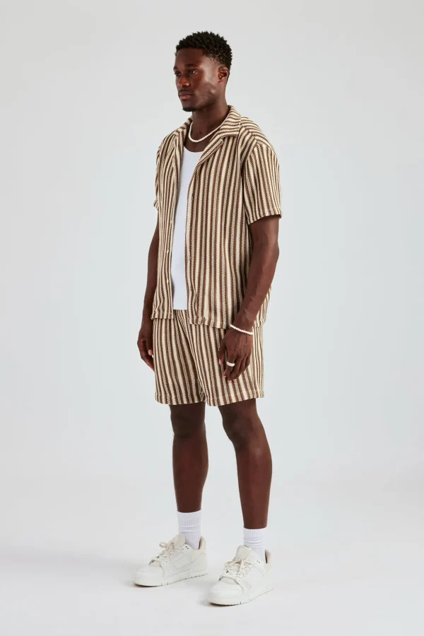 Knitted Contrast Stripe Revere Shirt & Short Set - Chocolate