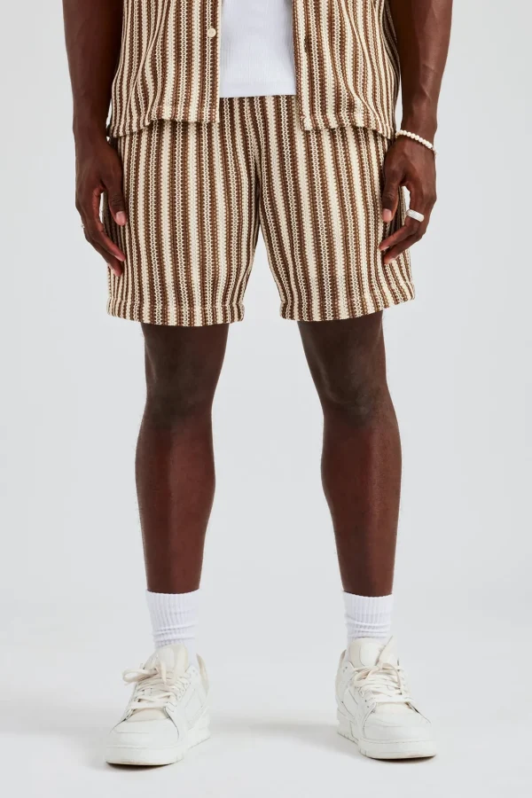 Knitted Contrast Stripe Revere Shirt & Short Set - Chocolate