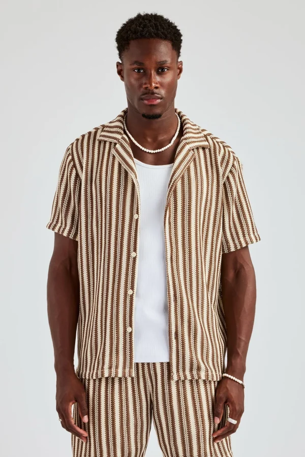 Knitted Contrast Stripe Revere Shirt & Short Set - Chocolate