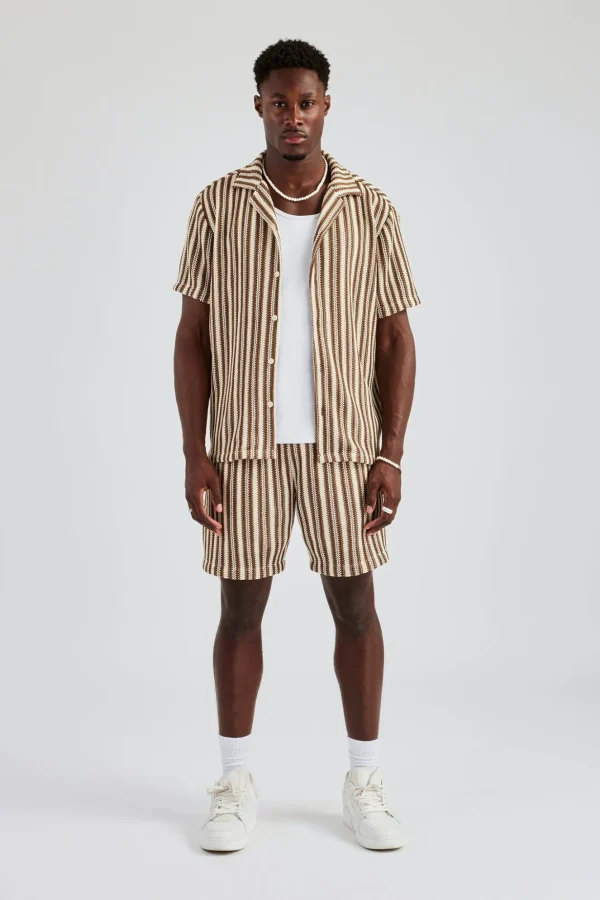 Knitted Contrast Stripe Revere Shirt & Short Set - Chocolate