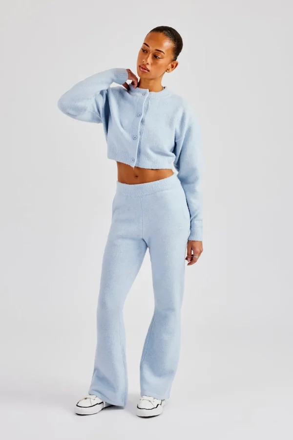 Knitted Cropped Cardigan & Flare Trouser - Baby Blue