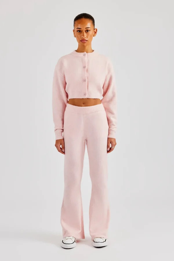 Knitted Cropped Cardigan & Flare Trouser - Baby Pink