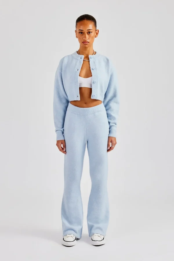 Knitted Cropped Cardigan & Flare Trouser - Baby Blue