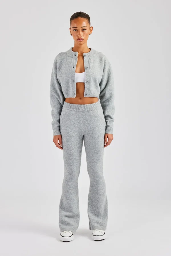 Knitted Cropped Cardigan & Flare Trouser - Grey