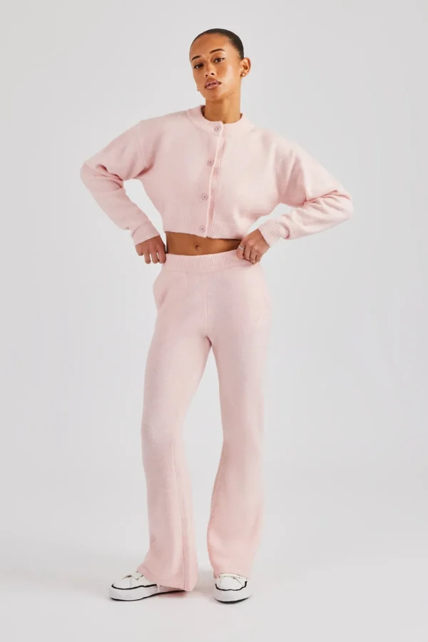 Knitted Cropped Cardigan & Flare Trouser - Baby Pink