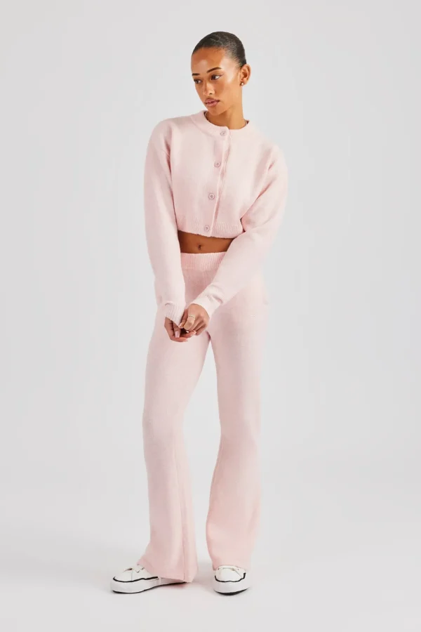 Knitted Cropped Cardigan & Flare Trouser - Baby Pink