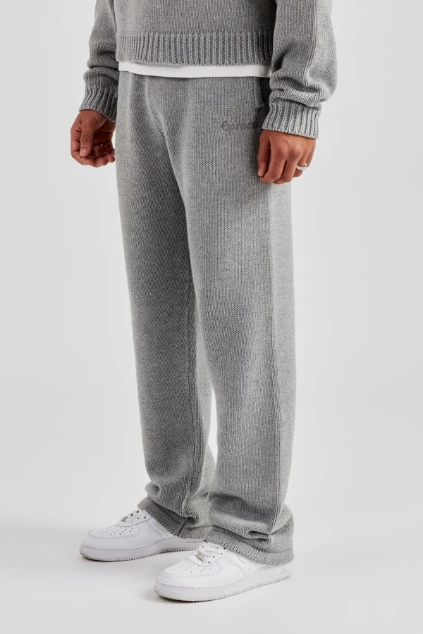 Knitted Embroidered Straight Leg Jogger - Grey