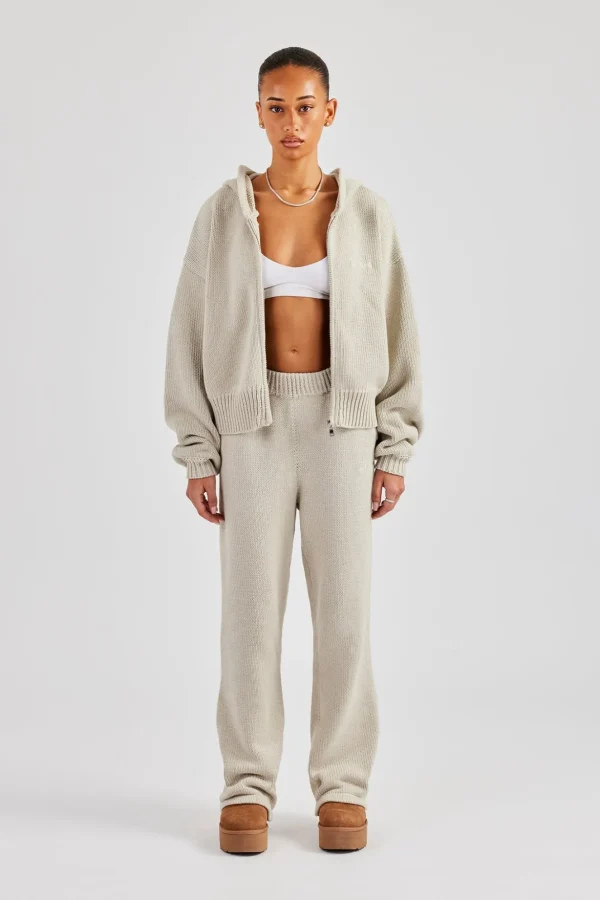 Knitted Embroidered Zip Through Tracksuit - Stone