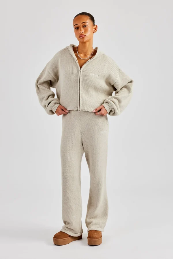 Knitted Embroidered Zip Through Tracksuit - Stone