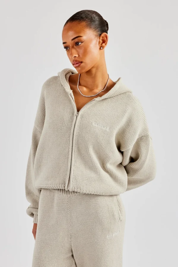 Knitted Embroidered Zip Through Hoodie - Stone