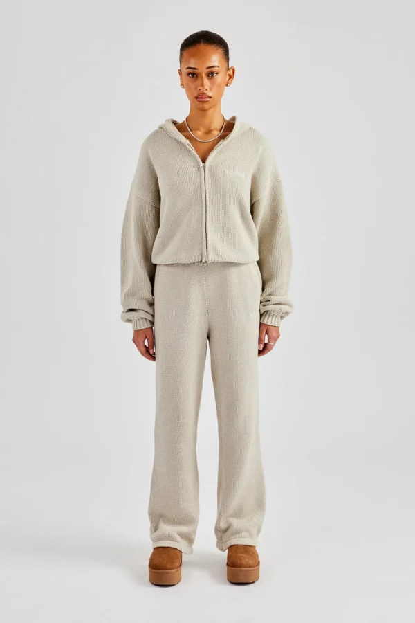 Knitted Embroidered Zip Through Tracksuit - Stone