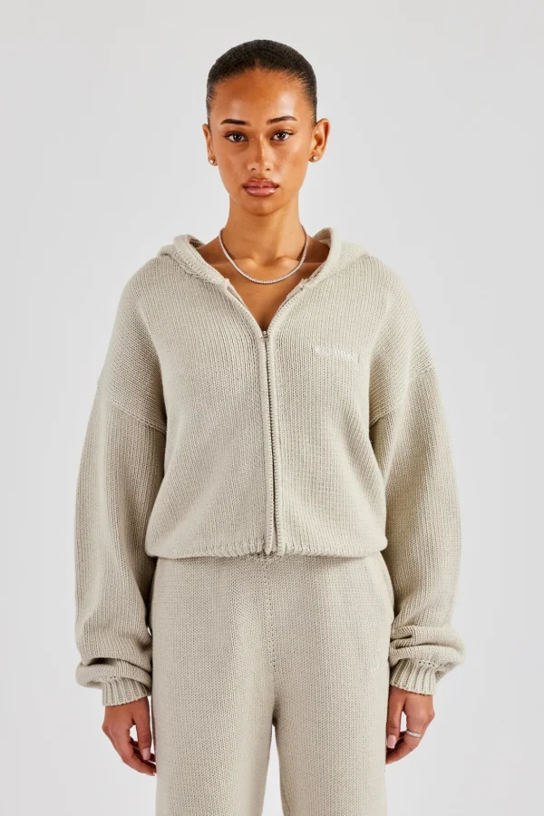 Knitted Embroidered Zip Through Tracksuit - Stone