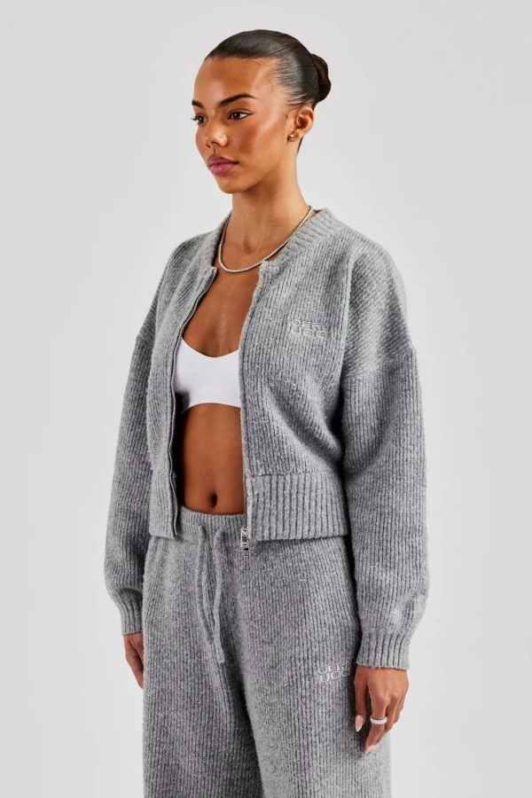 Knitted Zip Front Bomber - Grey