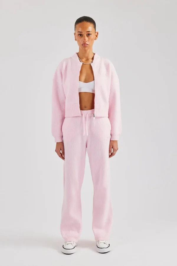 Knitted Zip Front Bomber & Straight Leg Trouser - Baby Pink