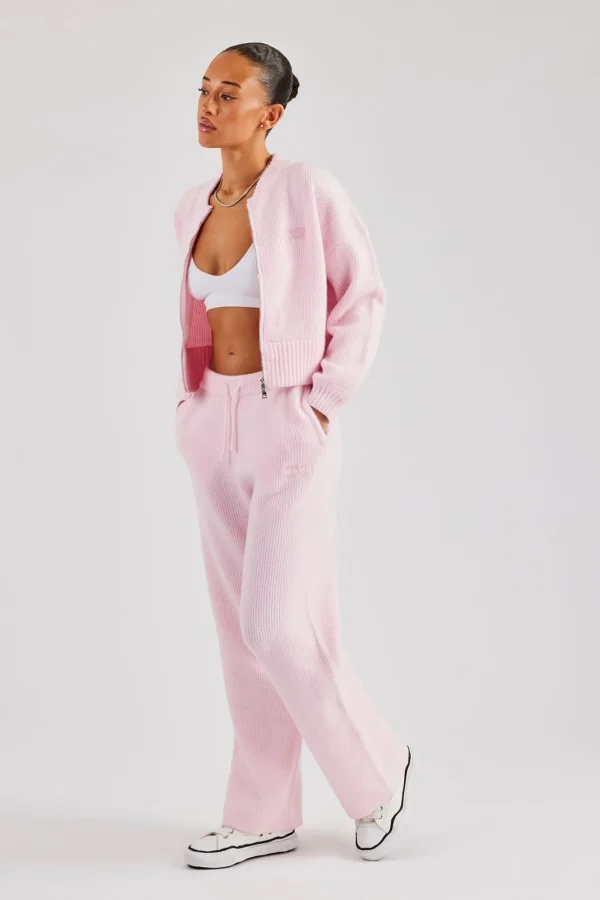 Knitted Zip Front Bomber & Straight Leg Trouser - Baby Pink