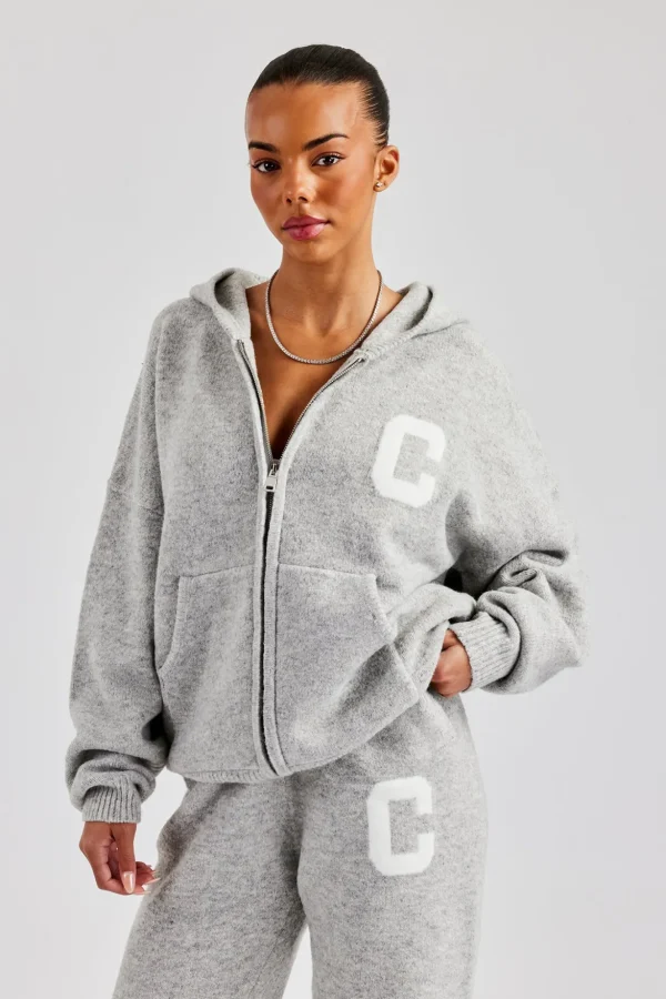 Knitted Zip Through Hoodie - Light Grey