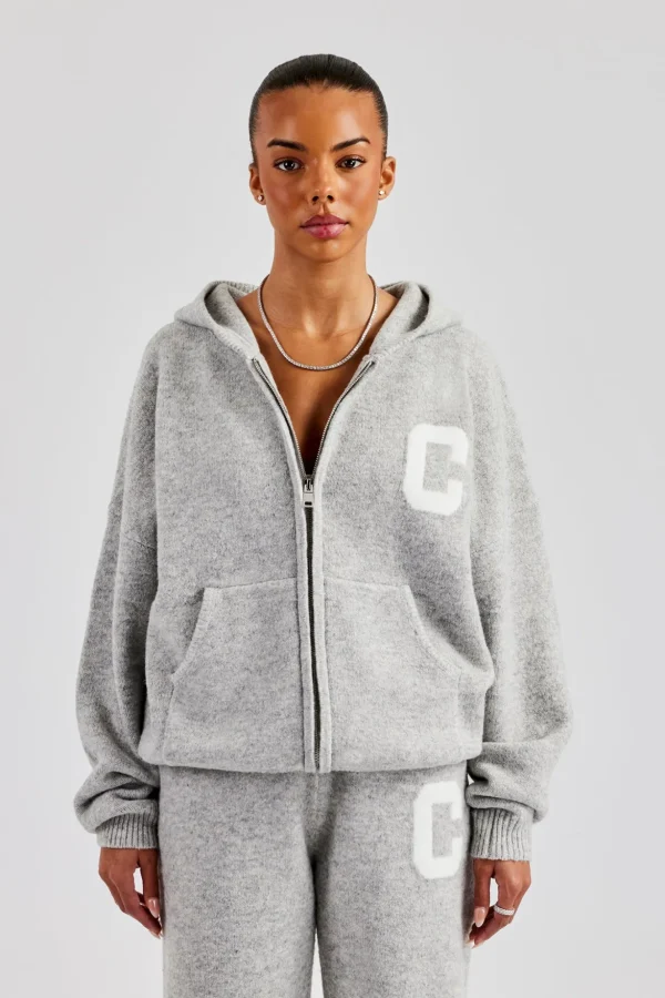 Knitted Zip Through Hoodie - Light Grey